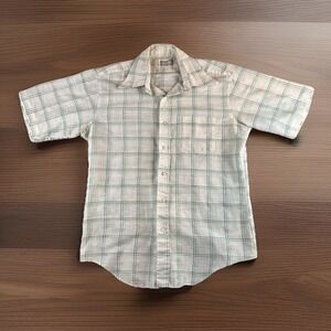 Vintage Richman Bros Shirt Button Up Mens L Plaid Short Sleeve White Green Plaid